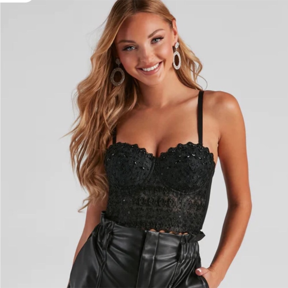 Windsor Sparkle Reigning Lace Corset Bustier Crop Top Tank Embellish